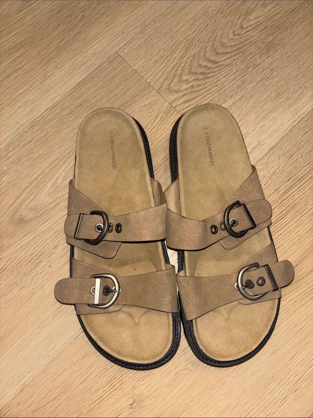 stradivarius Tan Double Buckle Slide Sandals